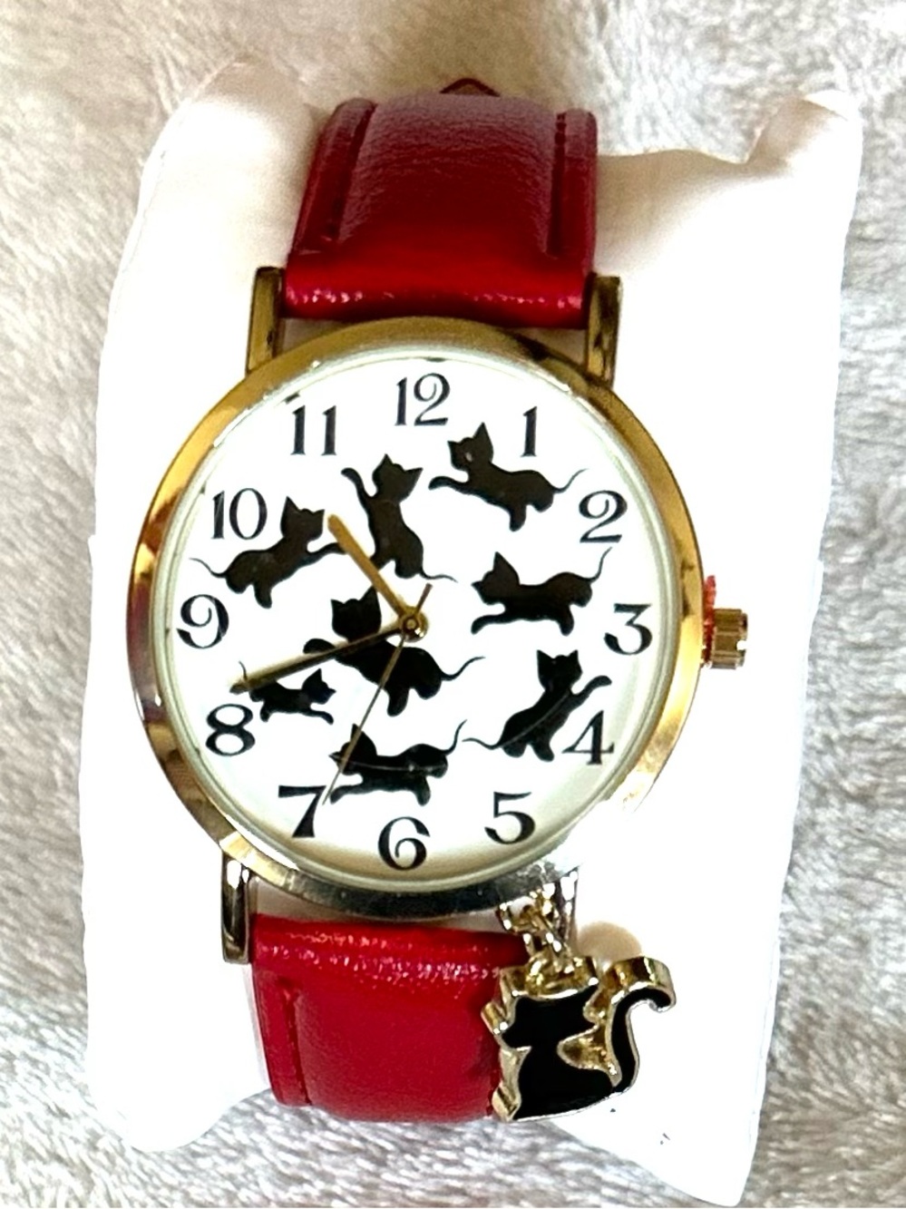 NEW Red Leather Kitty Cat Novelty Watch Gold Tone w/Charm